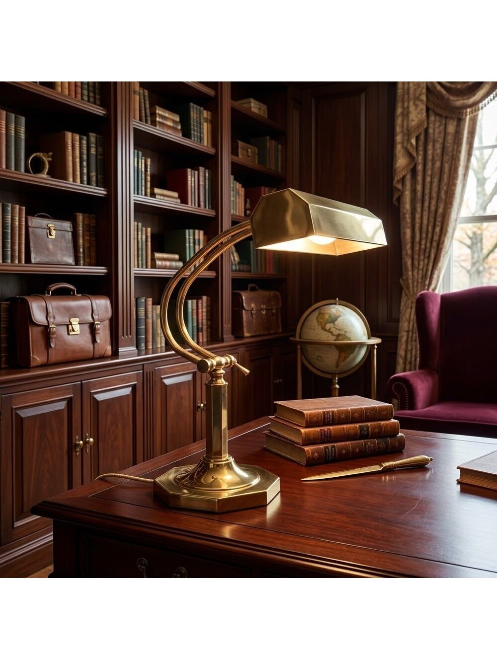 Vintage Brass Adjustable Piano Banker Library Desk Lamp Octagon